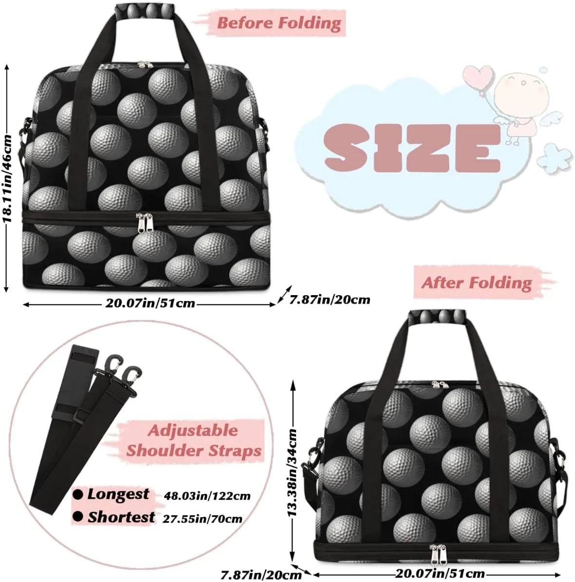 Sports Golf Ball Foldable Duffle Bag with Shoes Compartment Large Capacity Waterproof Travel Weekender Bag Overnight Bag for Sports Gym