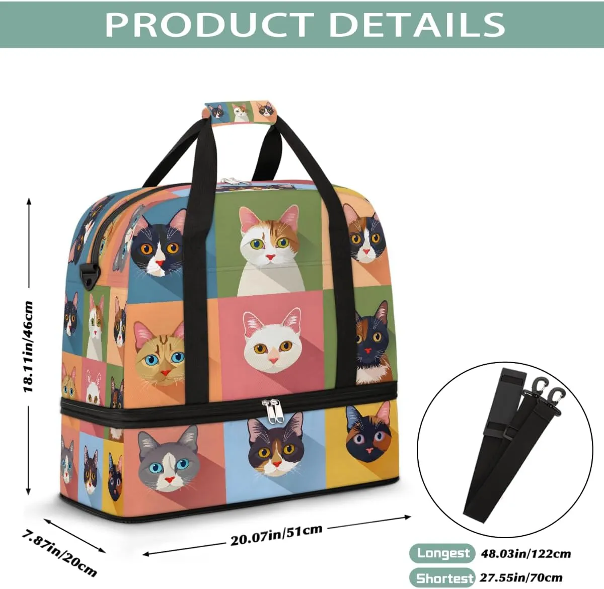Sports Gym Bag Animal Pattern Cat Cute Large Travel Duffel Bag With Shoe Compartment Foldable Waterproof Carry-On Weekend Travel Bags for Camping Overnight Yoga Hospital Travel Bags