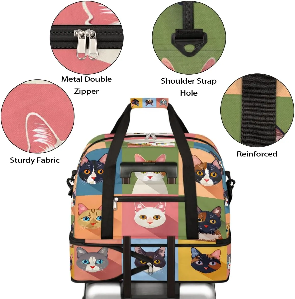 Sports Gym Bag Animal Pattern Cat Cute Large Travel Duffel Bag With Shoe Compartment Foldable Waterproof Carry-On Weekend Travel Bags for Camping Overnight Yoga Hospital Travel Bags