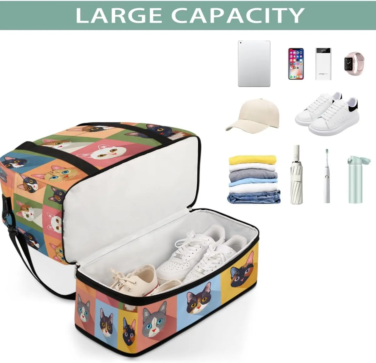 Sports Gym Bag Animal Pattern Cat Cute Large Travel Duffel Bag With Shoe Compartment Foldable Waterproof Carry-On Weekend Travel Bags for Camping Overnight Yoga Hospital Travel Bags