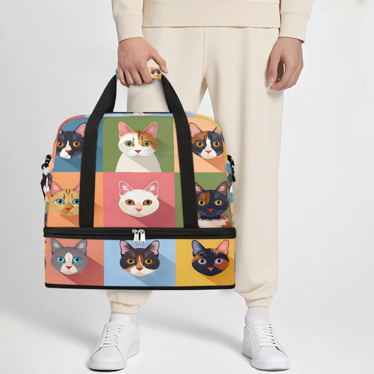 Sports Gym Bag Animal Pattern Cat Cute Large Travel Duffel Bag With Shoe Compartment Foldable Waterproof Carry-On Weekend Travel Bags for Camping Overnight Yoga Hospital Travel Bags