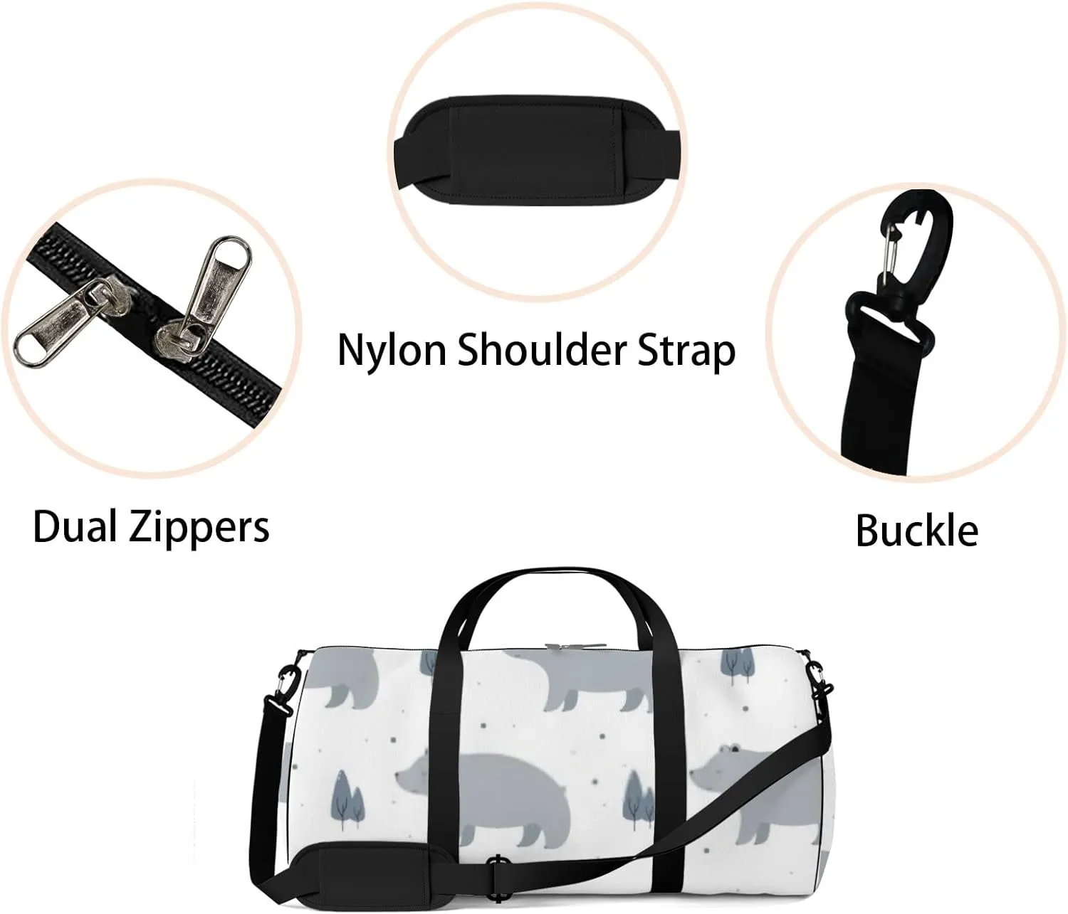 Sports Gym Bag for Women and Men Waterproof Big Bear Pine Tree Cartoon White Duffel Bag Lightweight Carryon Traveling Boarding Gripsack