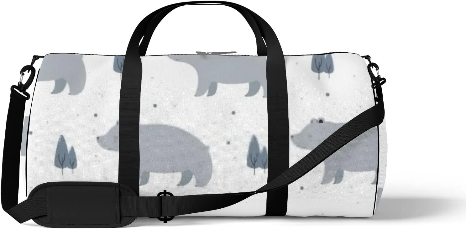 Sports Gym Bag for Women and Men Waterproof Big Bear Pine Tree Cartoon White Duffel Bag Lightweight Carryon Traveling Boarding Gripsack