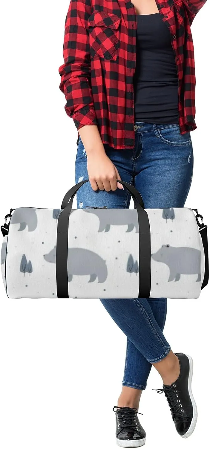 Sports Gym Bag for Women and Men Waterproof Big Bear Pine Tree Cartoon White Duffel Bag Lightweight Carryon Traveling Boarding Gripsack