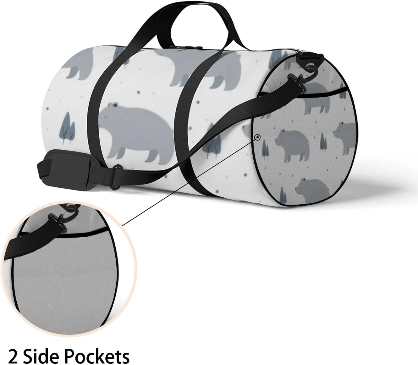 Sports Gym Bag for Women and Men Waterproof Big Bear Pine Tree Cartoon White Duffel Bag Lightweight Carryon Traveling Boarding Gripsack