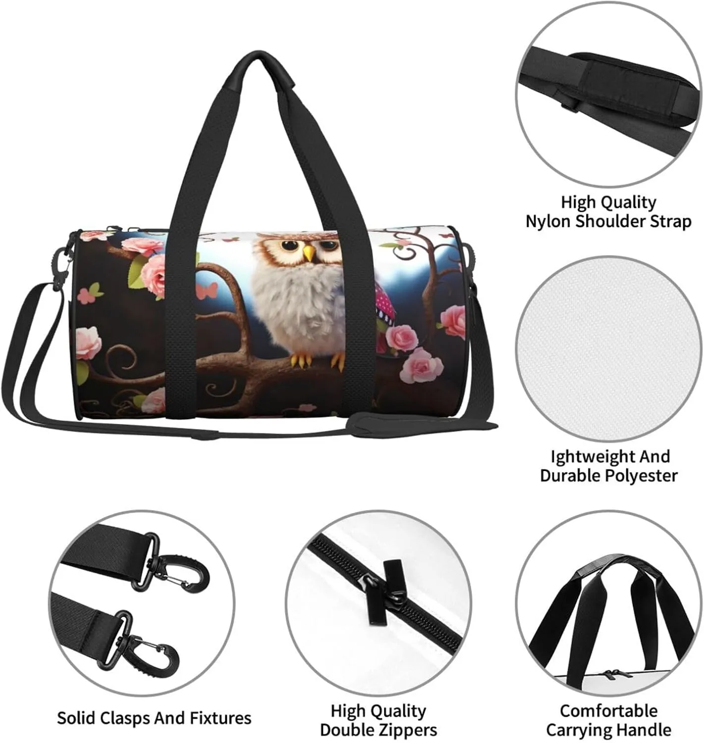 Sports Gym Bag for Women Men Travel Duffel Bag Tote Weekender Bag Carry on Overnight Bag for Travel Swimming Fitness Workout Sports Cute Owl Tree Flowers and Squirrel Duffle Bag