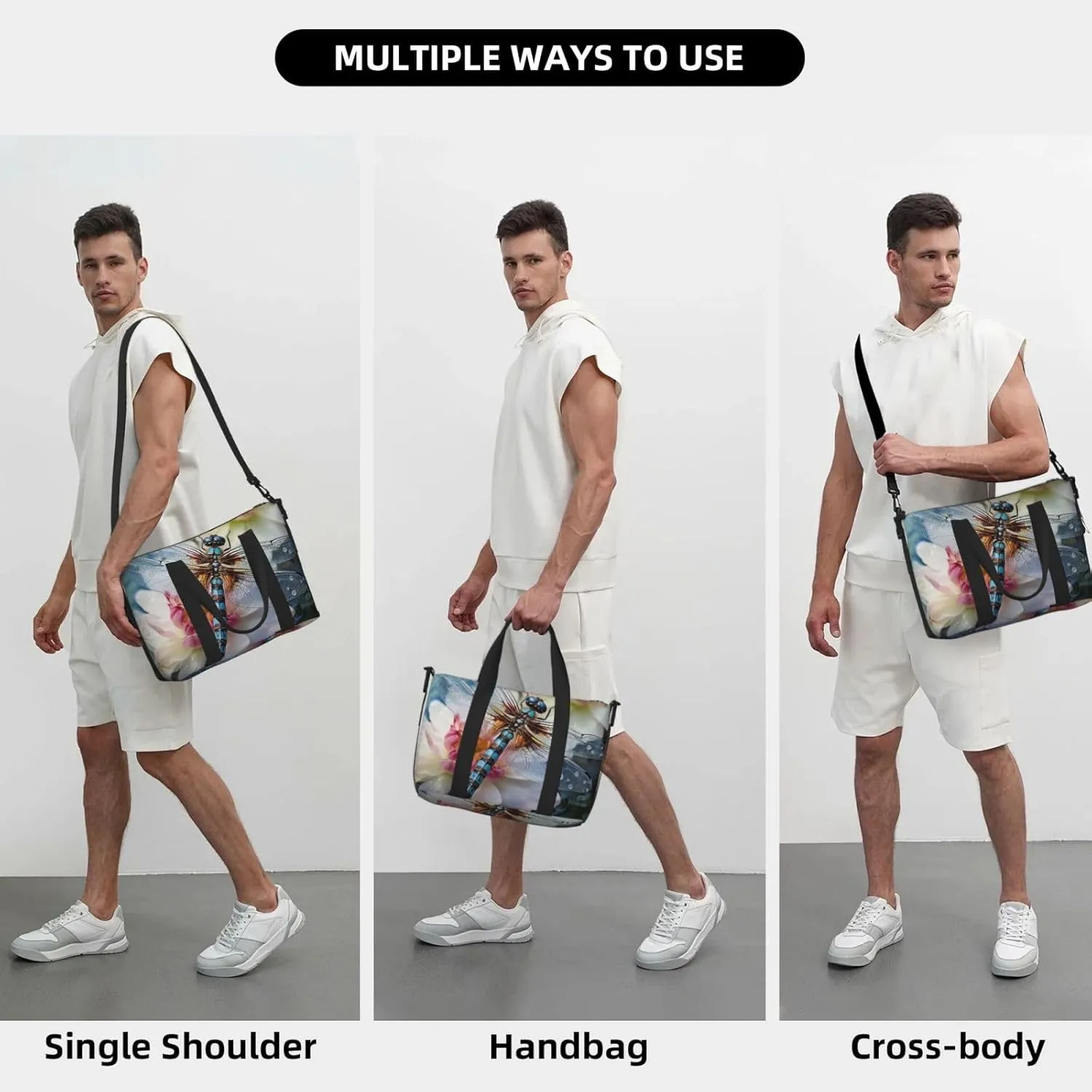Sports Gym Bag for Women Men Travel Duffel Bag Tote Weekender Bag Carry on Overnight Bag for Travel Swimming Fitness Workout Sports Dragonfly lotus Duffle Bag