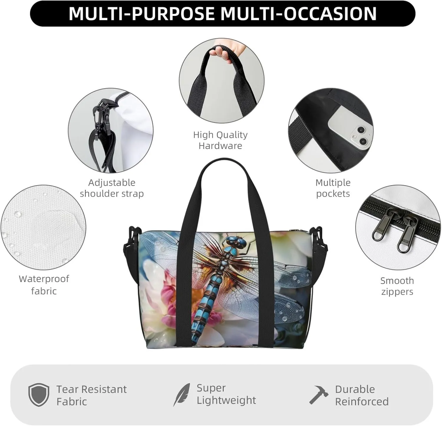 Sports Gym Bag for Women Men Travel Duffel Bag Tote Weekender Bag Carry on Overnight Bag for Travel Swimming Fitness Workout Sports Dragonfly lotus Duffle Bag
