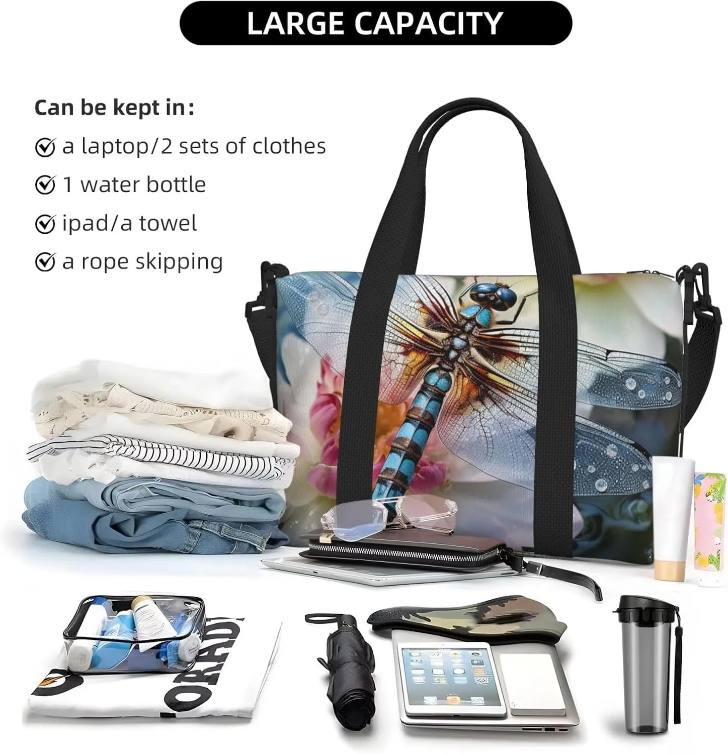 Sports Gym Bag for Women Men Travel Duffel Bag Tote Weekender Bag Carry on Overnight Bag for Travel Swimming Fitness Workout Sports Dragonfly lotus Duffle Bag