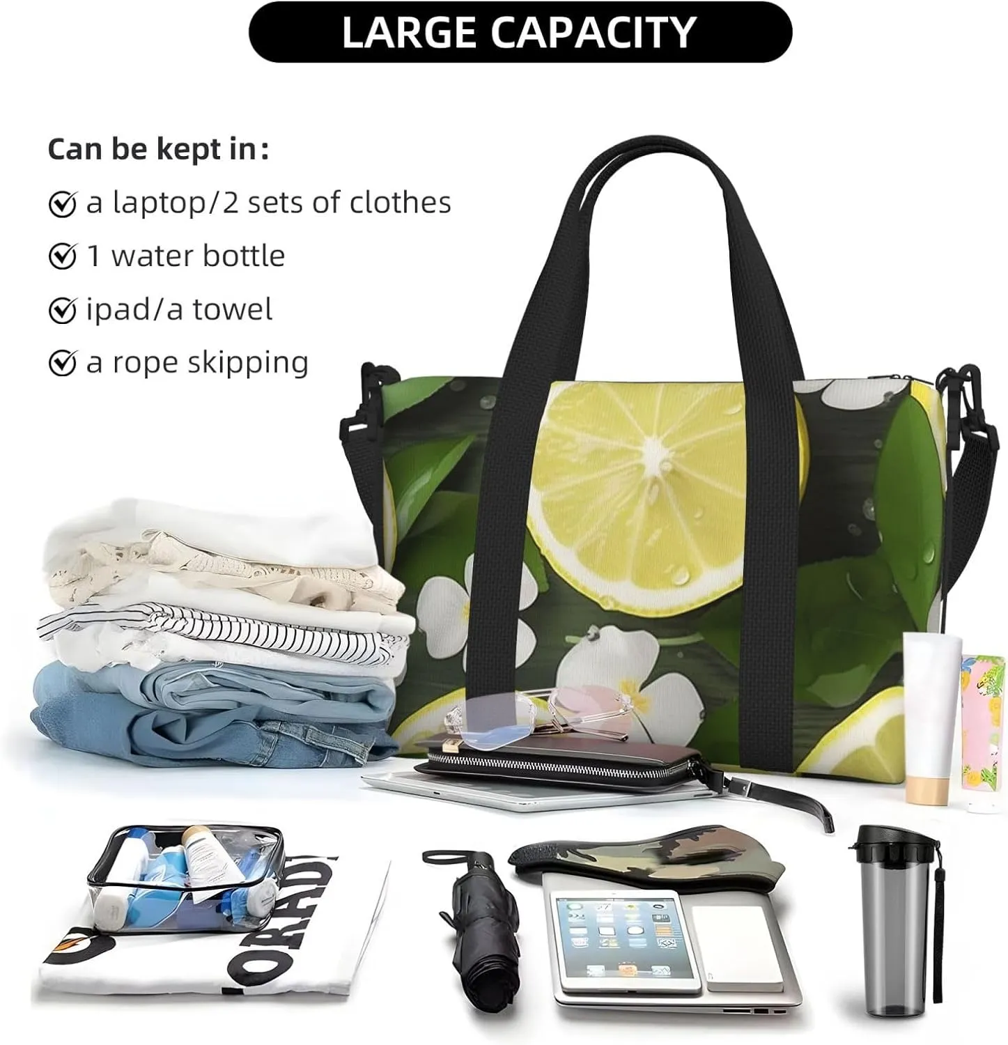 Sports Gym Bag for Women Men Travel Duffel Bag Tote Weekender Bag Carry on Overnight Bag for Travel Swimming Fitness Workout Sports Fresh Lemon Duffle Bag