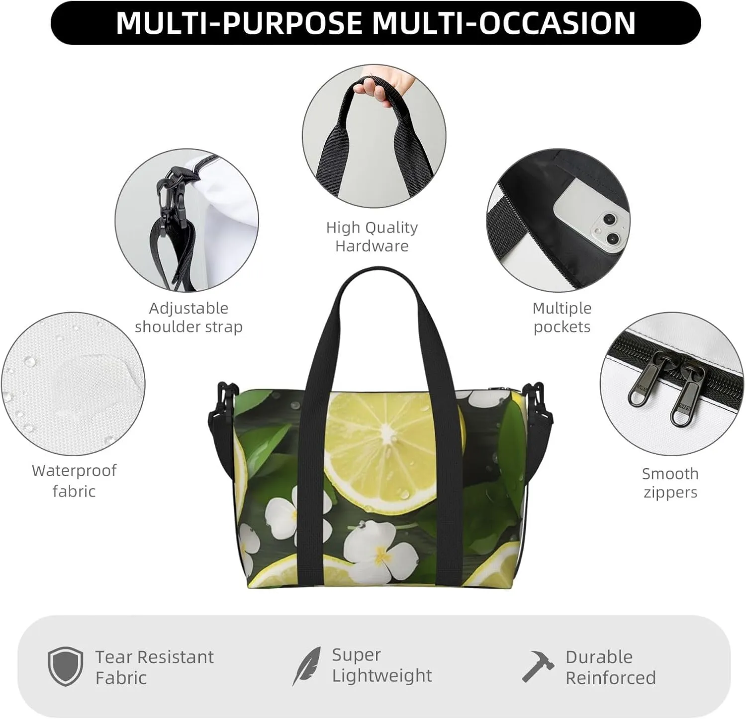 Sports Gym Bag for Women Men Travel Duffel Bag Tote Weekender Bag Carry on Overnight Bag for Travel Swimming Fitness Workout Sports Fresh Lemon Duffle Bag