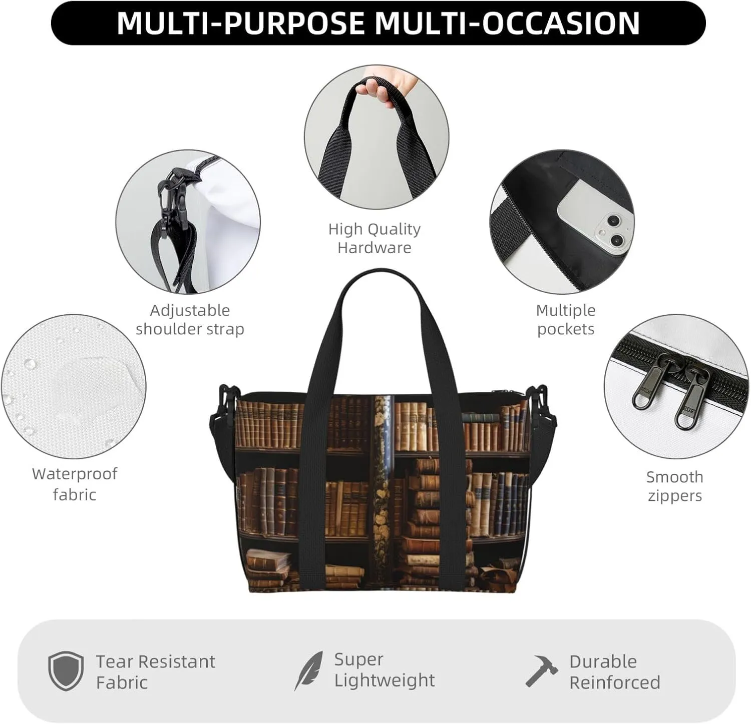 Sports Gym Bag for Women Men Travel Duffel Bag Tote Weekender Bag Carry on Overnight Bag for Travel Swimming Fitness Workout Sports Old Books in Library Duffle Bag