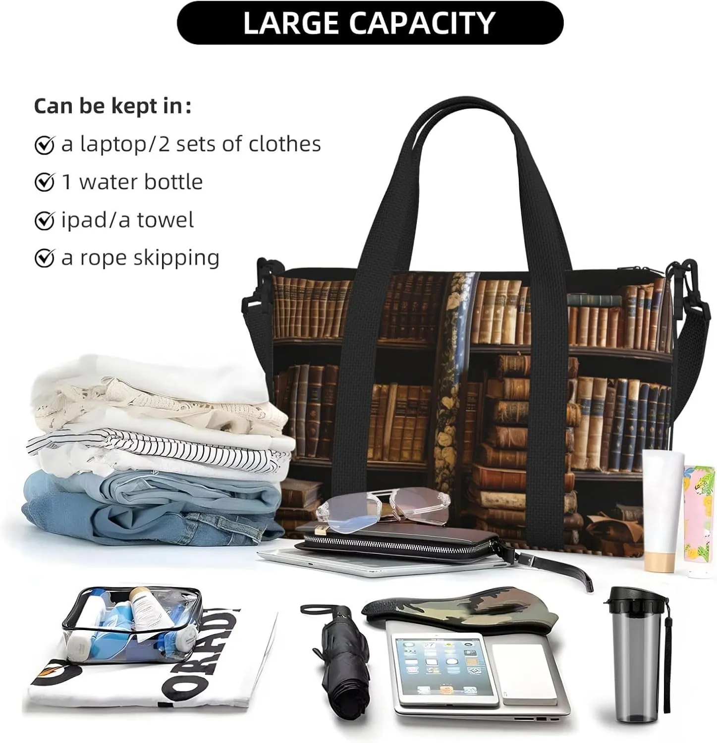 Sports Gym Bag for Women Men Travel Duffel Bag Tote Weekender Bag Carry on Overnight Bag for Travel Swimming Fitness Workout Sports Old Books in Library Duffle Bag