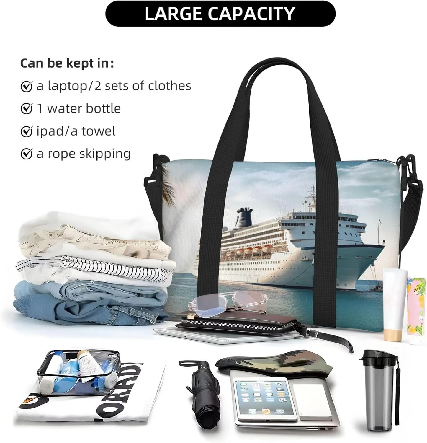 Sports Gym Bag for Women Men Travel Duffel Bag Tote Weekender Bag Carry on Overnight Bag for Travel Swimming Fitness Workout Sports Seaside Cruise Ship Duffle Bag