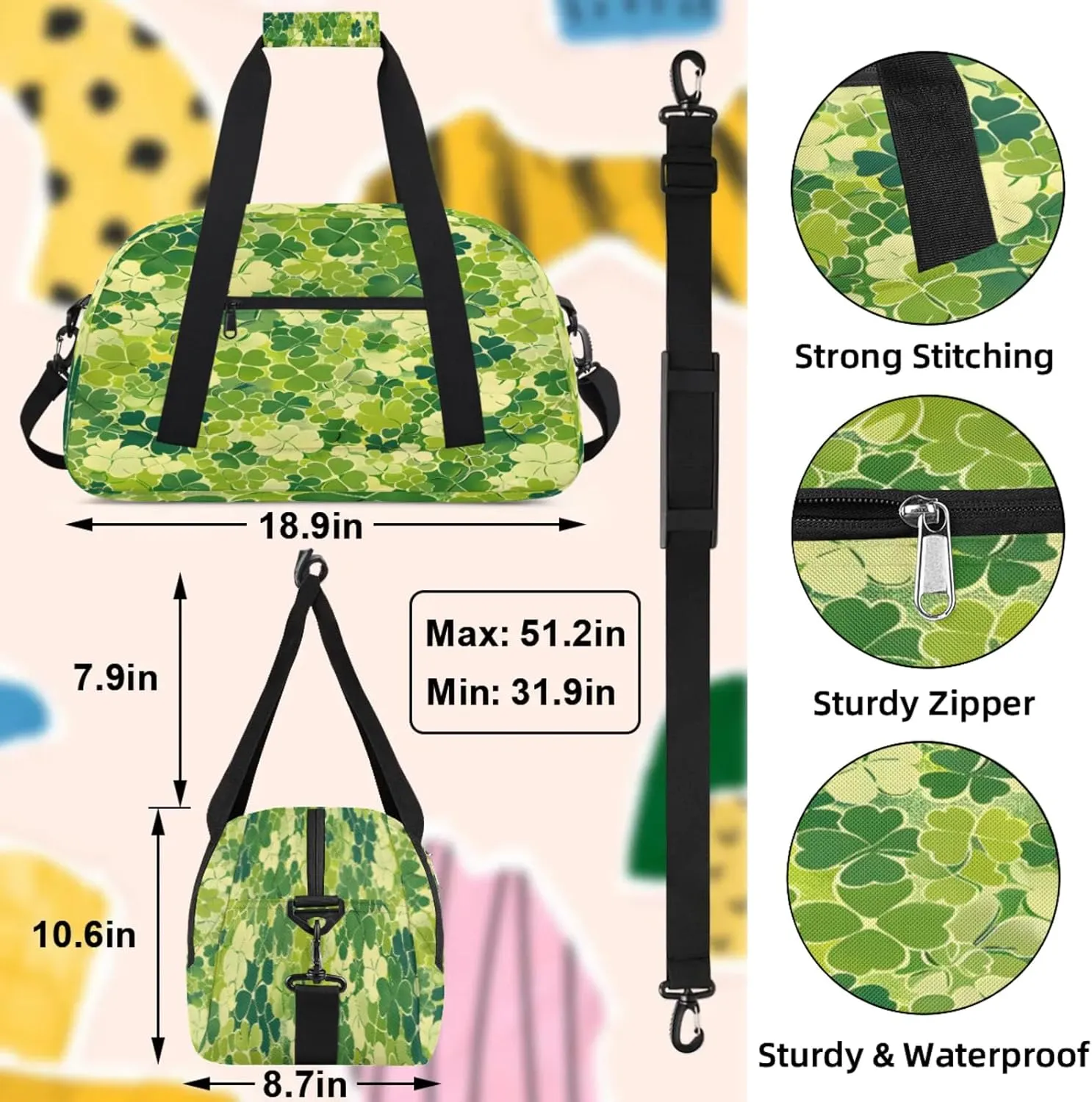 St. Patrick's Day Shamrock Clover Small Gym Bag 18 inch Carry On Duffel Bag for Weekender Travel Sports Workout Yoga Gymnastics Dance Ballet