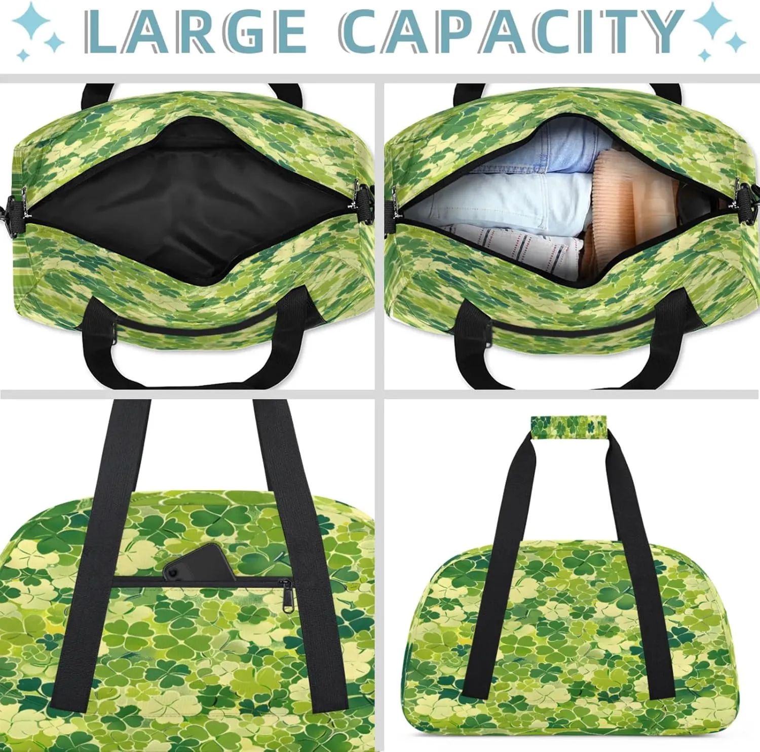 St. Patrick's Day Shamrock Clover Small Gym Bag 18 inch Carry On Duffel Bag for Weekender Travel Sports Workout Yoga Gymnastics Dance Ballet