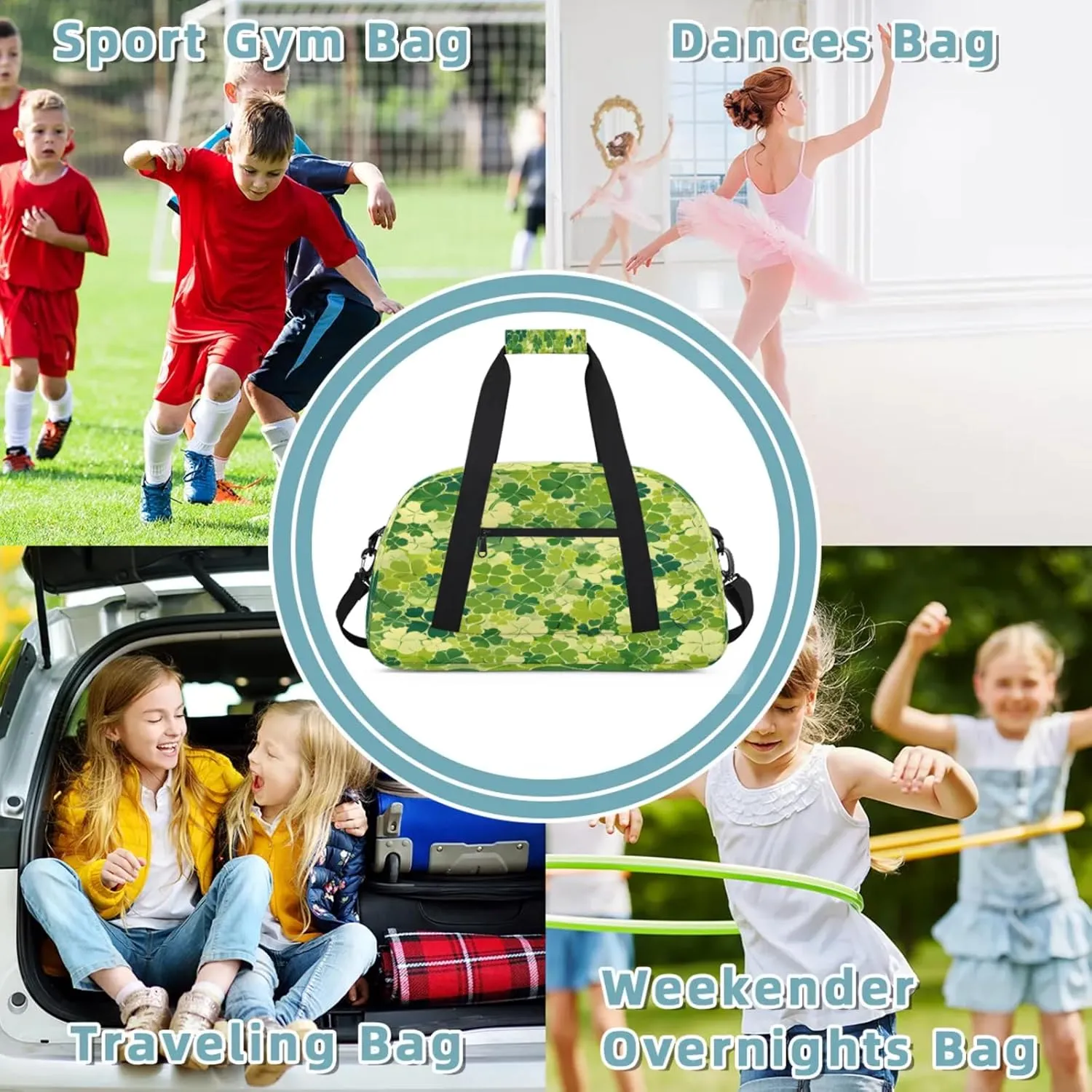 St. Patrick's Day Shamrock Clover Small Gym Bag 18 inch Carry On Duffel Bag for Weekender Travel Sports Workout Yoga Gymnastics Dance Ballet