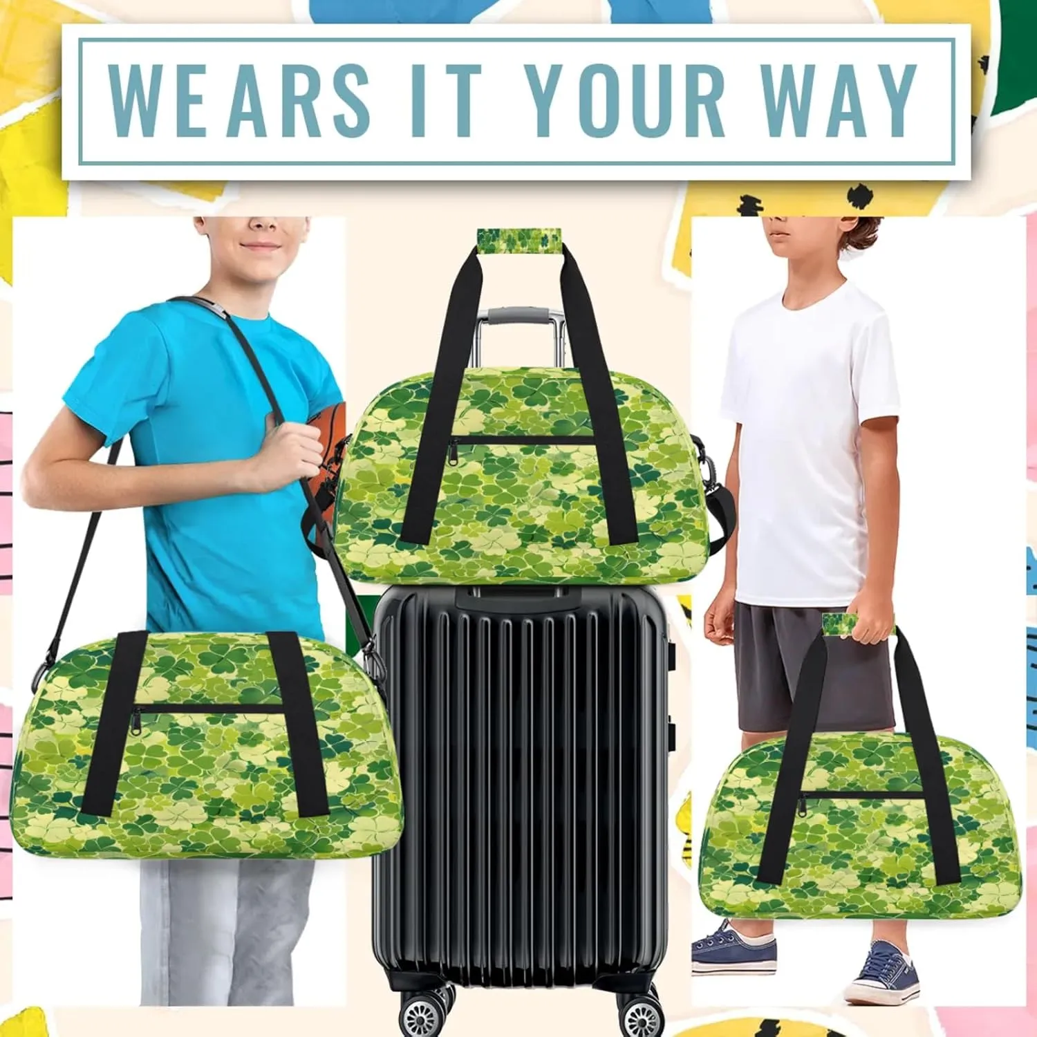 St. Patrick's Day Shamrock Clover Small Gym Bag 18 inch Carry On Duffel Bag for Weekender Travel Sports Workout Yoga Gymnastics Dance Ballet