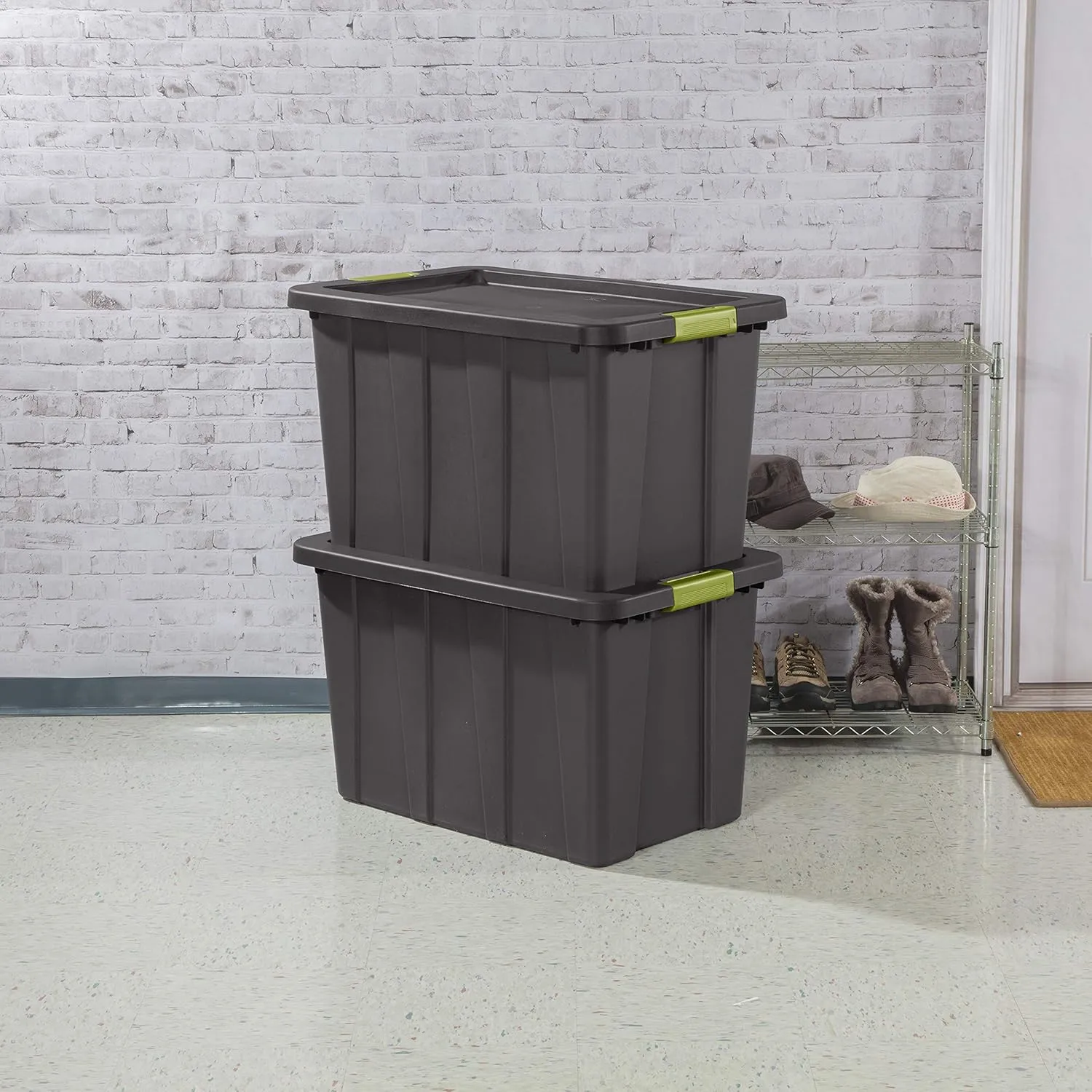 Sterilite 30 Gal Latching Tuff1 Storage Tote, Stackable Bin with Latch Lid, Plastic Container to Organize Garage, Basement, Gray Base and Lid, 4-Pack