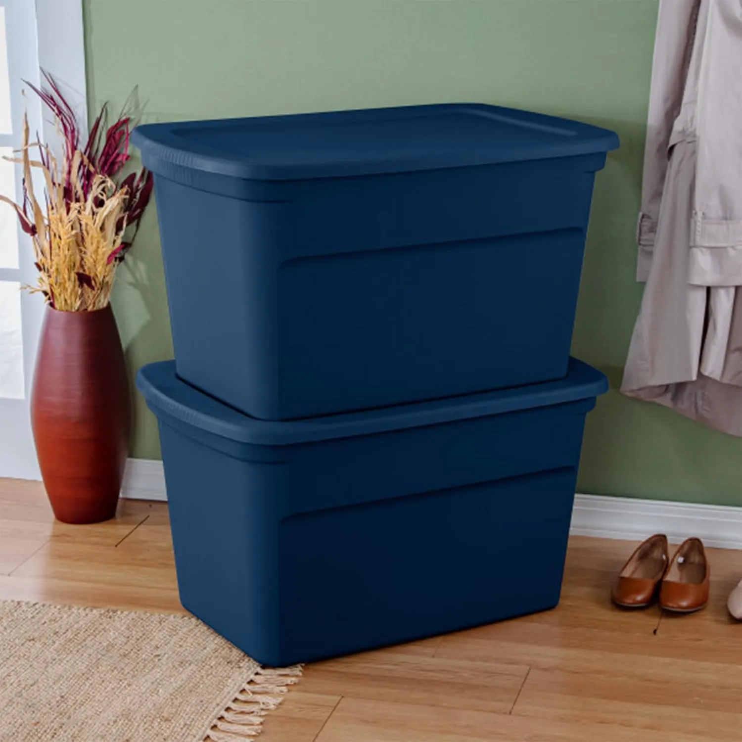 Sterilite 6-Pack Tote, Plastic Storage Bins with Snap Lids, 30 Gallon, Marine Blue - Stackable Home Organizers with In-Molded Handles for Bedroom, Garage, Basement and Attic
