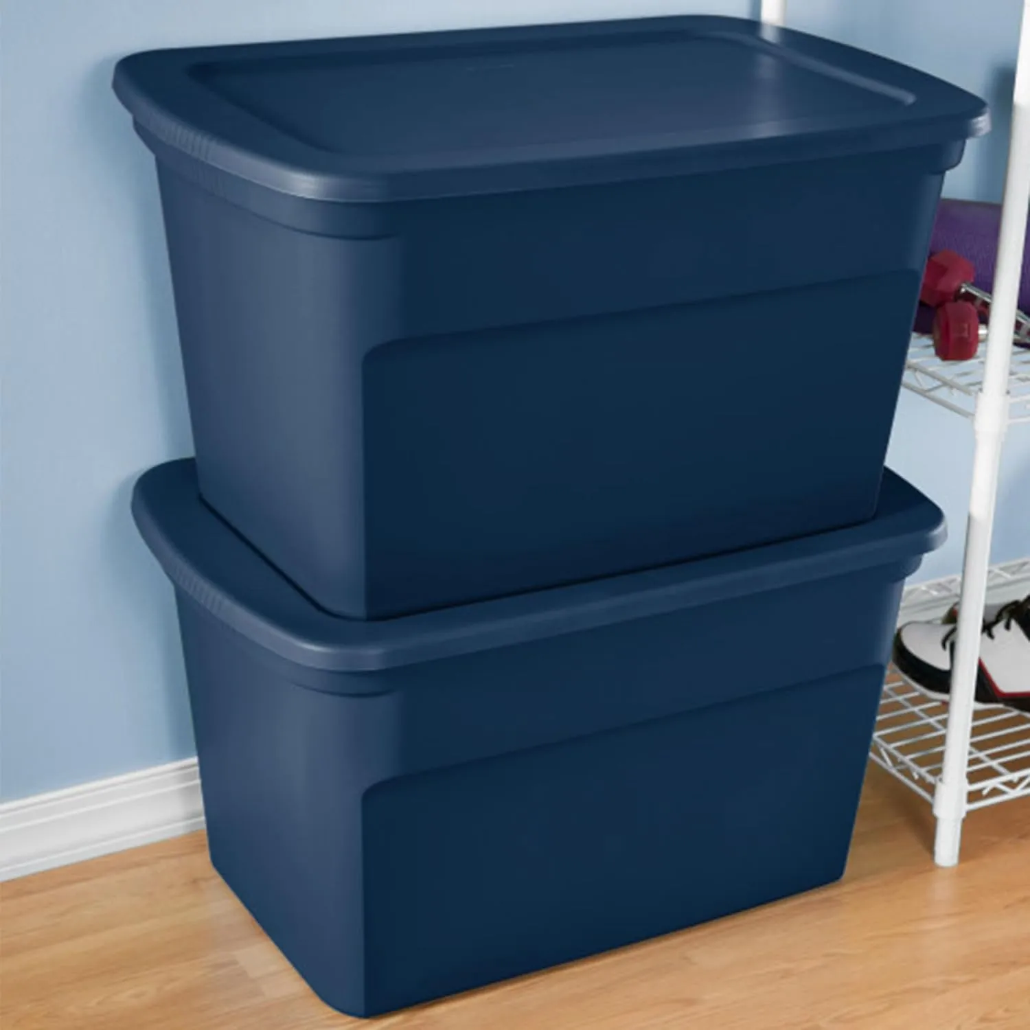 Sterilite 6-Pack Tote, Plastic Storage Bins with Snap Lids, 30 Gallon, Marine Blue - Stackable Home Organizers with In-Molded Handles for Bedroom, Garage, Basement and Attic