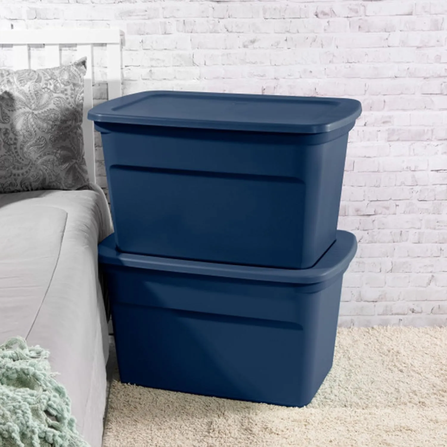 Sterilite 6-Pack Tote, Plastic Storage Bins with Snap Lids, 30 Gallon, Marine Blue - Stackable Home Organizers with In-Molded Handles for Bedroom, Garage, Basement and Attic