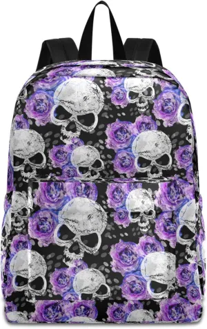 Stylish Skull Purple Rose Large Portable Laptop Backpack,Durable Travel Bag for Men Women School Bookbag Work Fit 16.5 Inch Notebook
