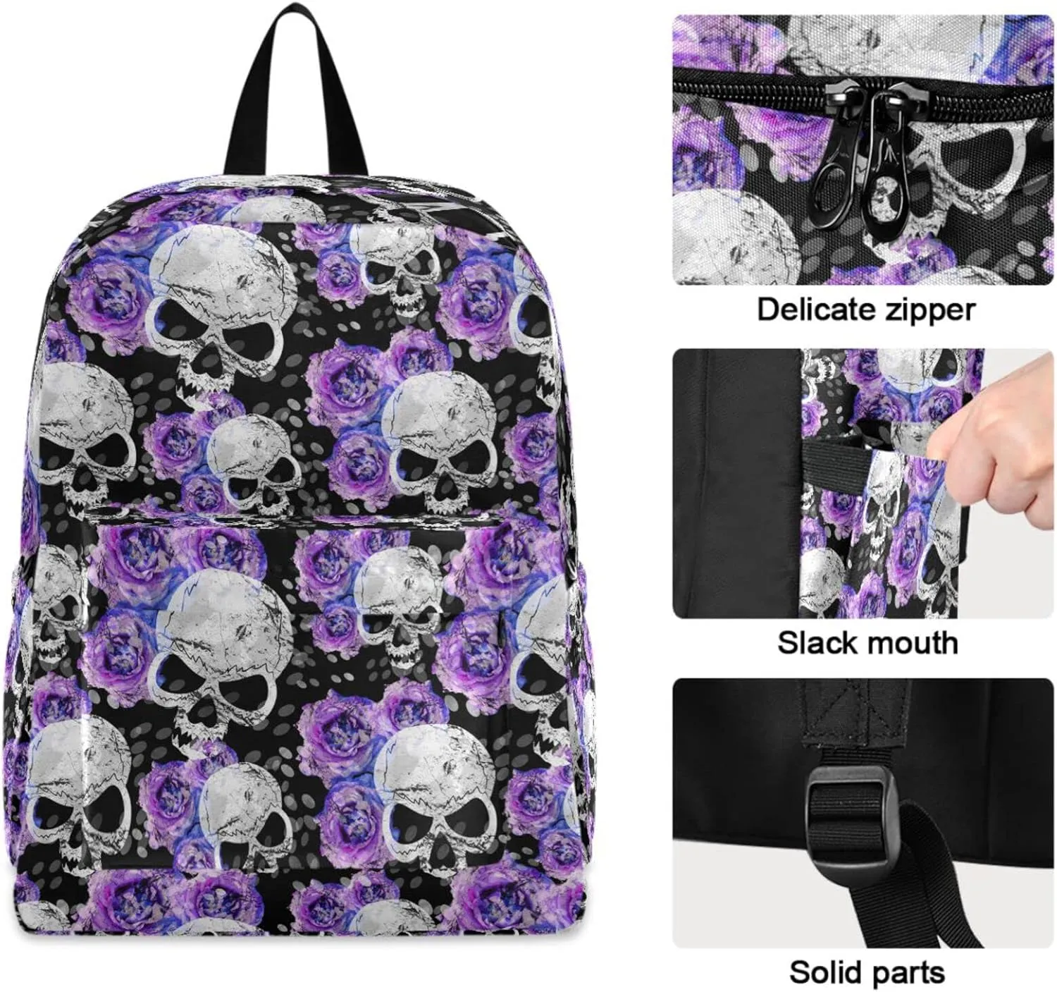Stylish Skull Purple Rose Large Portable Laptop Backpack,Durable Travel Bag for Men Women School Bookbag Work Fit 16.5 Inch Notebook