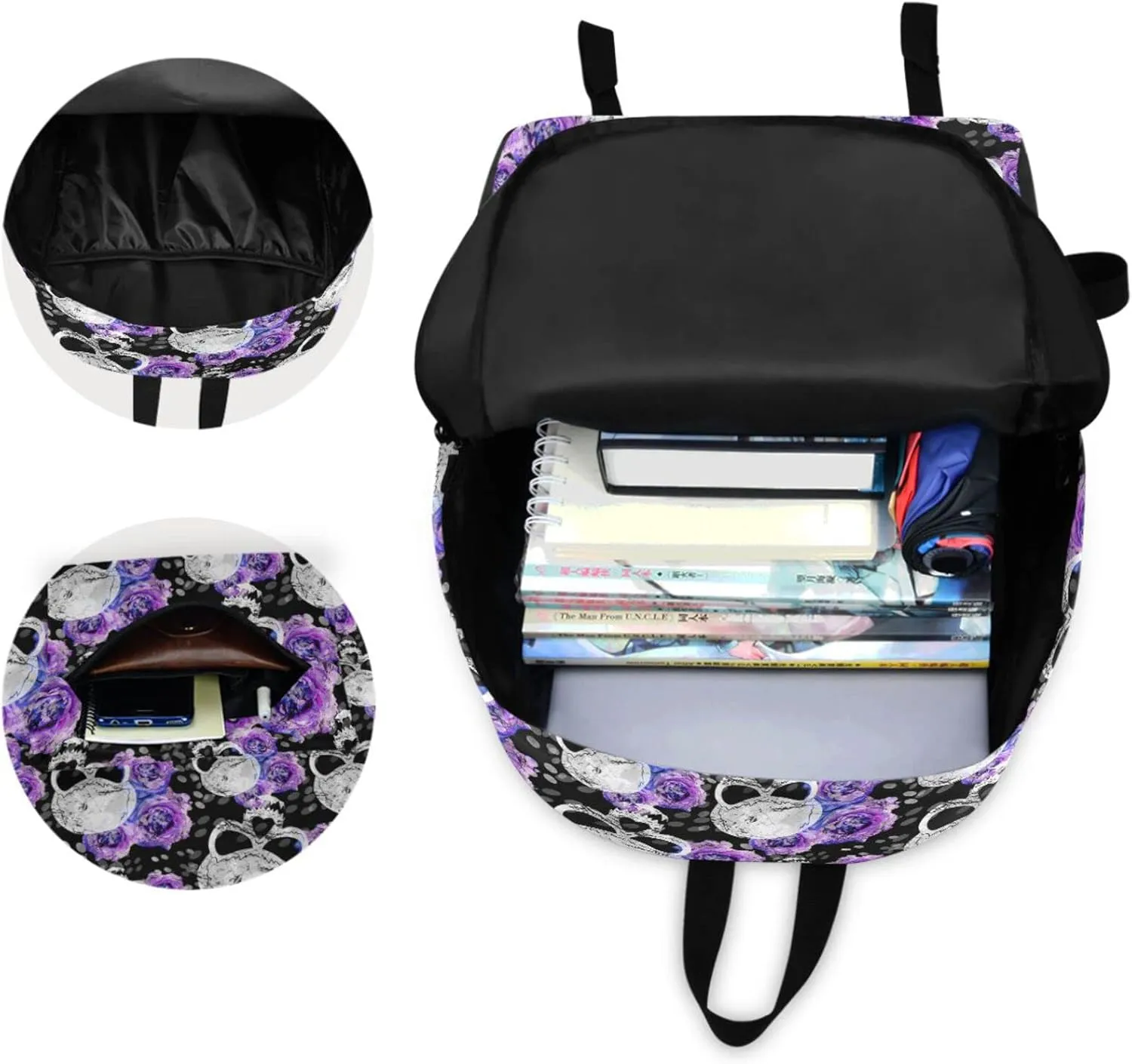 Stylish Skull Purple Rose Large Portable Laptop Backpack,Durable Travel Bag for Men Women School Bookbag Work Fit 16.5 Inch Notebook
