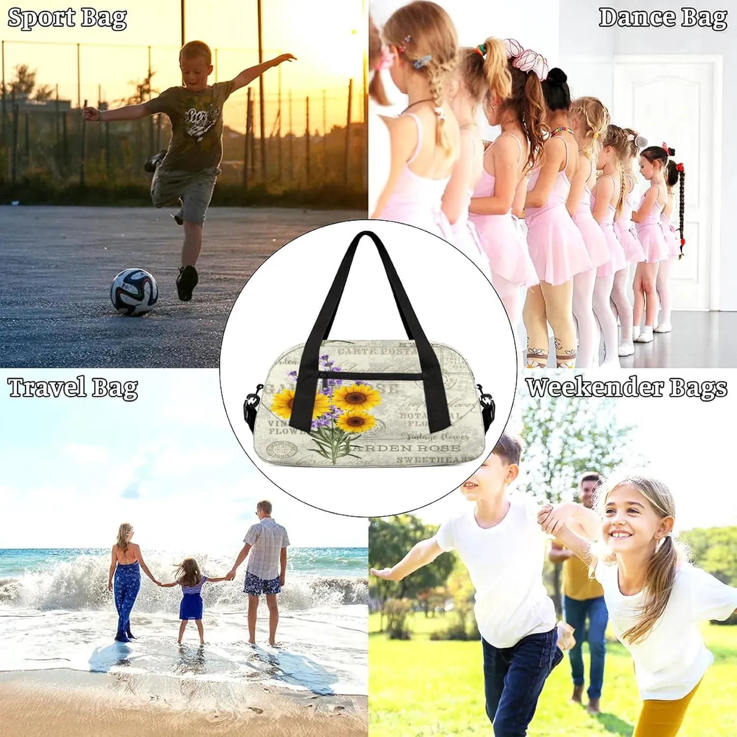 Sunflowers Floral Printed Kids Duffel Bag Lightweight Waterproof Sports Gym Bag with Front Zipper Pocket Foldable Weekender Overnight Bag for School Practice Gymnastic Ballet