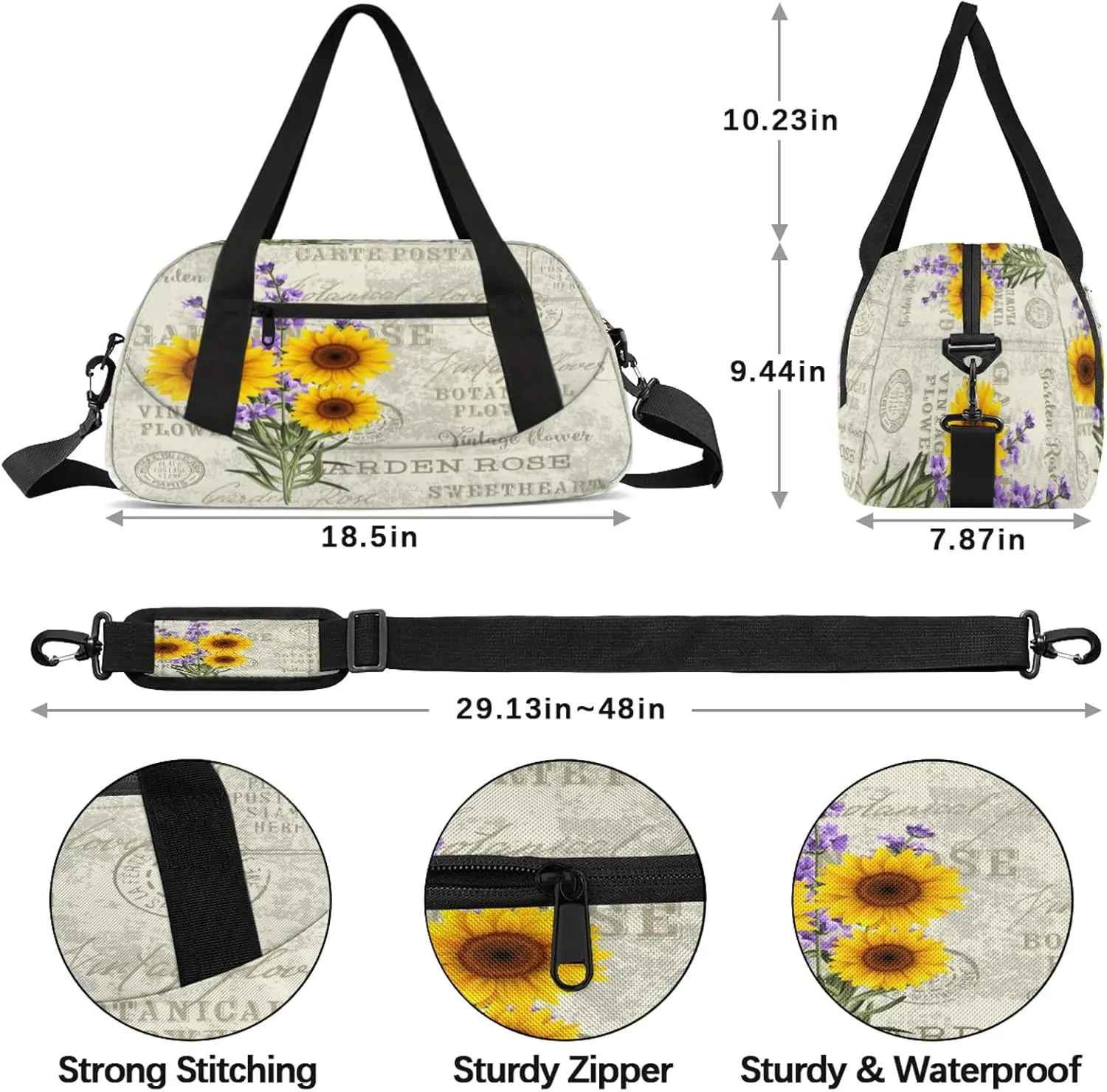 Sunflowers Floral Printed Kids Duffel Bag Lightweight Waterproof Sports Gym Bag with Front Zipper Pocket Foldable Weekender Overnight Bag for School Practice Gymnastic Ballet