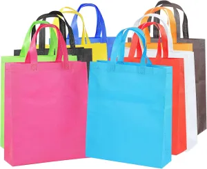 Supersize 12 Pack Reusable Non Woven Gift Bags with Handles Party Fabric Tote Bags Treat Bags for Birthday Favors, Snacks 12 Colors (9.8 x 13.8 x 4 inches)