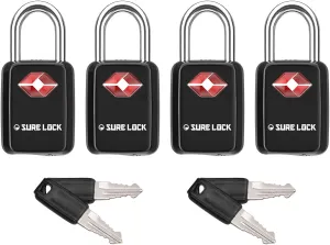 Sure Lock TSA Approved Luggage Locks Mini Size Lock with Keys for Travel, Zinc Alloy Body with Steel Shackle, Key Alike, Key Alike in The Same Package