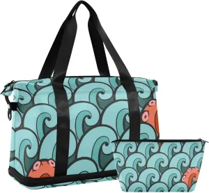susiyo Travel Duffel Bags for Women, Ocean Waves with Octopus Sports Duffel Bags Gym Bags with Shoes Compartment, Tote Bag Weekender Bag for Travelling