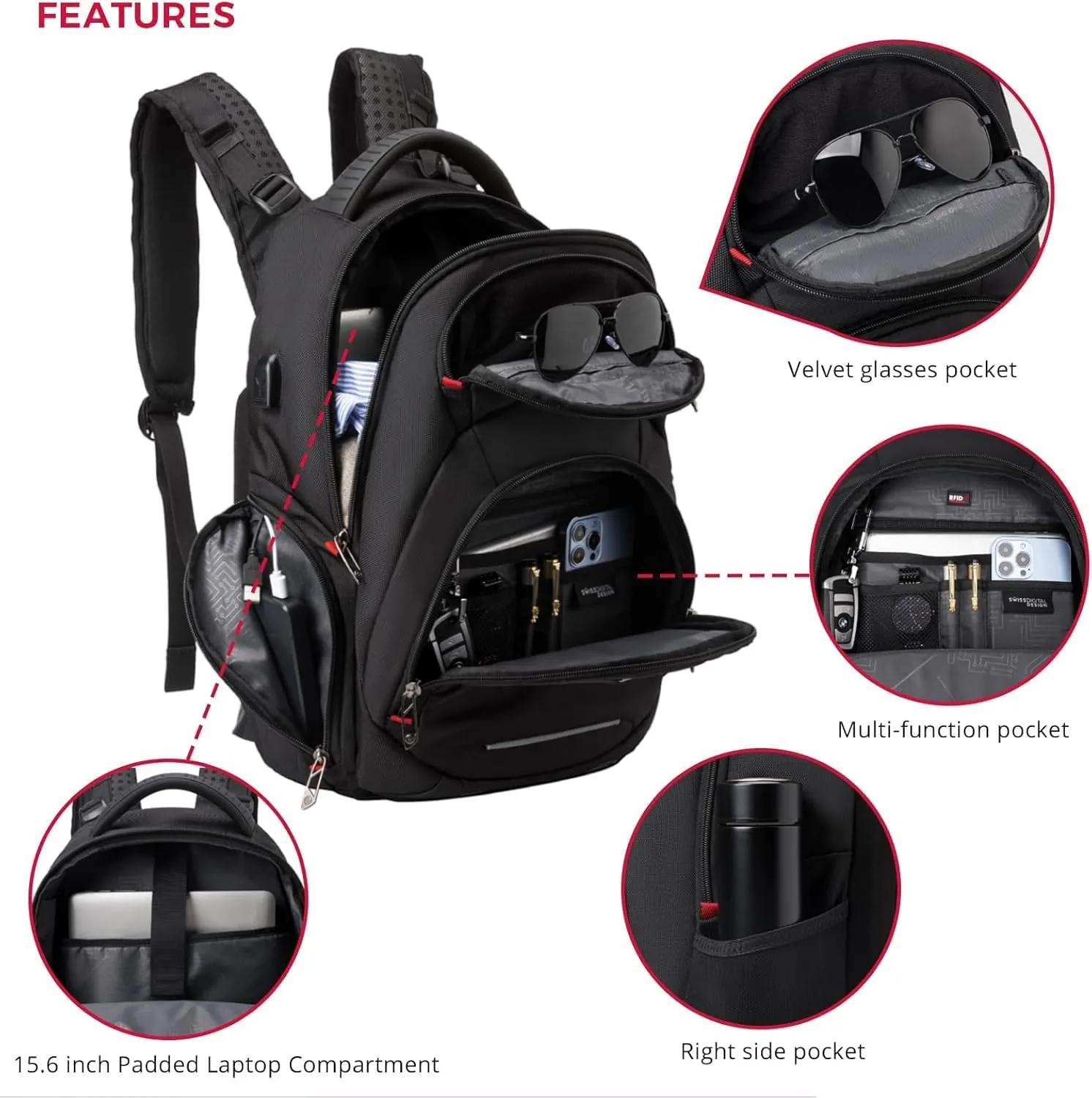 Swissdigital Design Travel Laptop Backpack, Business Sturdy Laptops Backpack for Work, with Massage Function, USB Charging Port, Computer Bag Gift for Men & Women Fits 15.6 Inch Notebook
