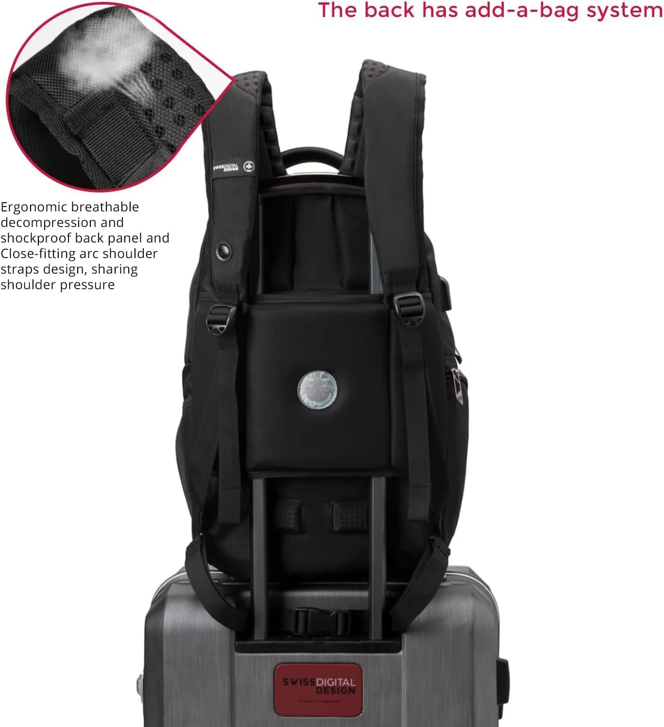 Swissdigital Design Travel Laptop Backpack, Business Sturdy Laptops Backpack for Work, with Massage Function, USB Charging Port, Computer Bag Gift for Men & Women Fits 15.6 Inch Notebook