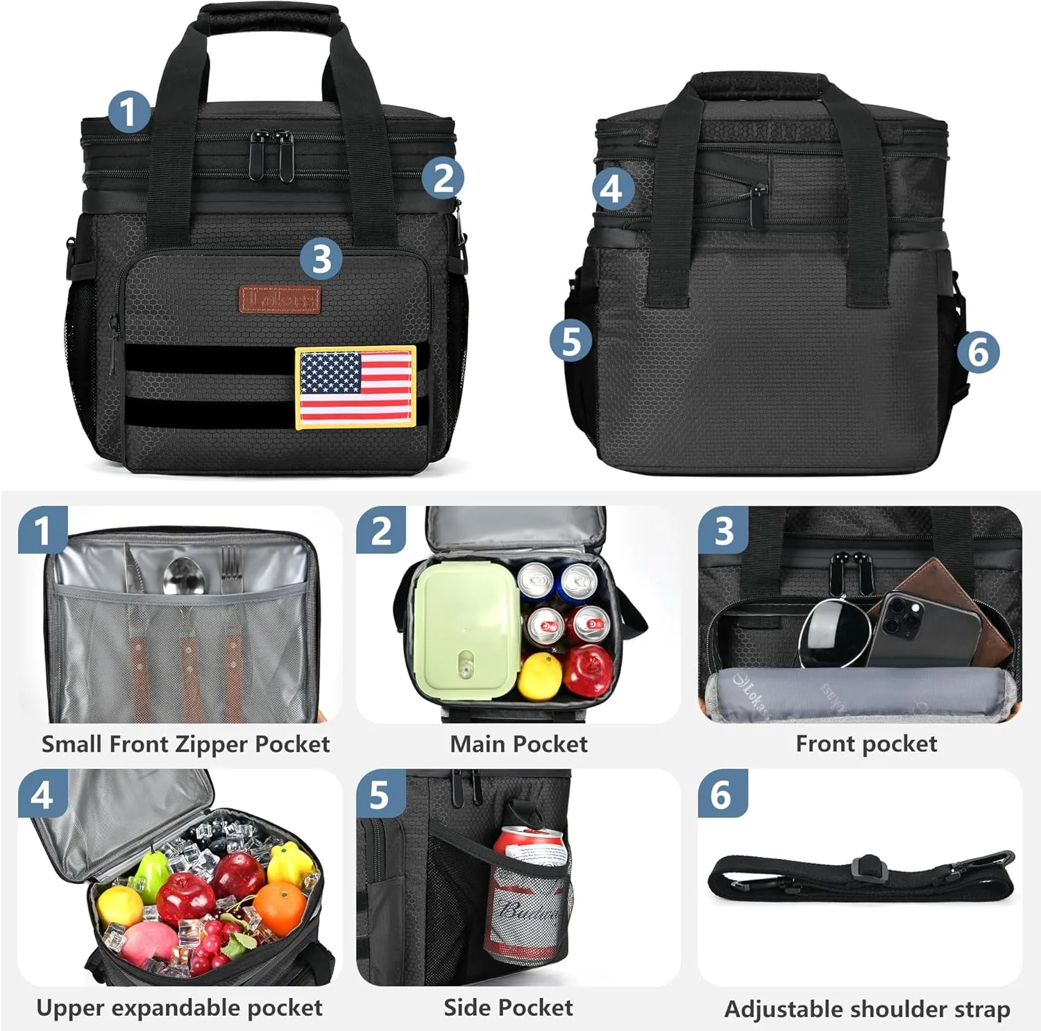 Tactical Lunch Box for Men- Large Insulated Lunch Bag-Expandable Adult Lunch Box with Adjustable Shoulder Strap-Large Lunch Tote Bag for Work Camping Fishing (Black)