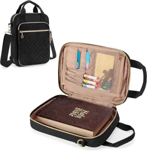Teamoy Bible Cover Case for Women Men, Bible Book Cover Church Bag Carrying Case with Shoulder Strap, Black Quilted