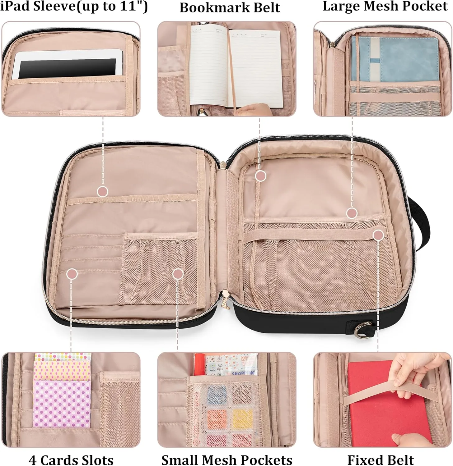 Teamoy Journal Supplies Storage Case, Journal Supplies Holder with Detachable Pen Slots, Travel Organizer Holder for B5 Notebooks, Planner, Pens, Journal Supplies and Accessories, Black Quilted