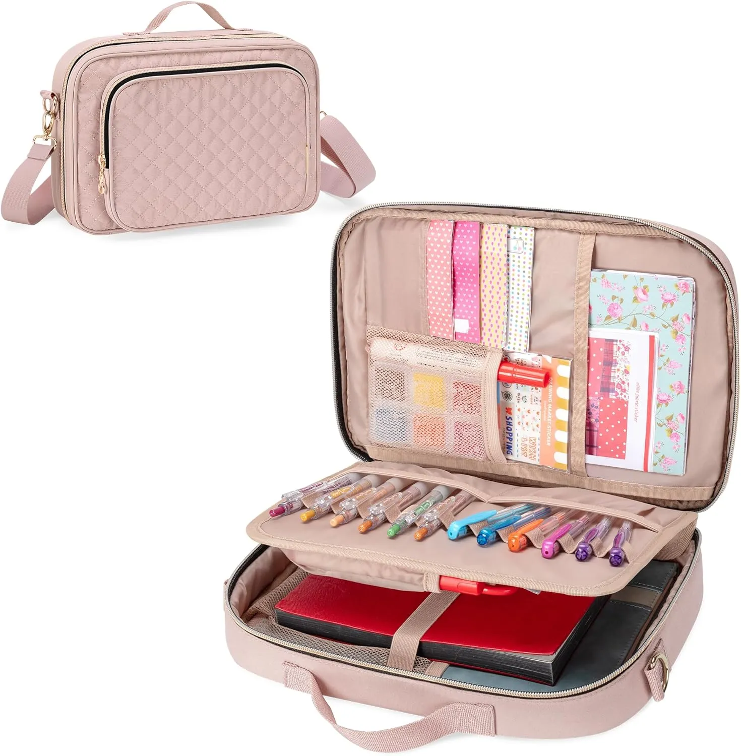 Teamoy Journal Supplies Storage Case, Journal Supplies Holder with Detachable Pen Slots, Travel Organizer Holder for B5 Notebooks, Planner, Pens, Journal Supplies and Accessories, Pink Quilted
