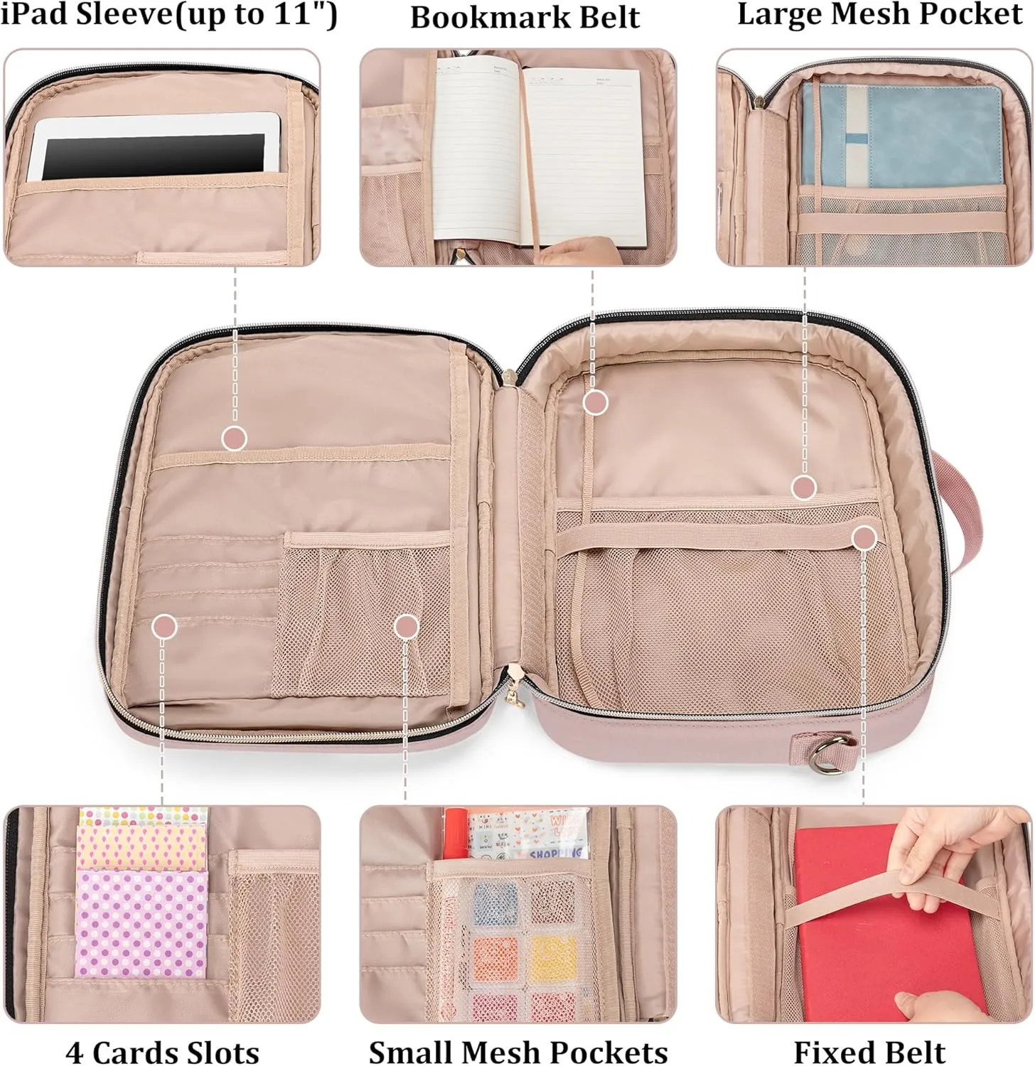 Teamoy Journal Supplies Storage Case, Journal Supplies Holder with Detachable Pen Slots, Travel Organizer Holder for B5 Notebooks, Planner, Pens, Journal Supplies and Accessories, Pink Quilted