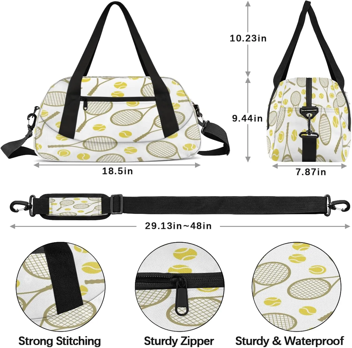 Tennis Pattern Kids Duffel Bag Lightweight Waterproof Sports Gym Bag with Front Zipper Pocket Foldable Weekender Overnight Bag for School Practice Gymnastic Ballet