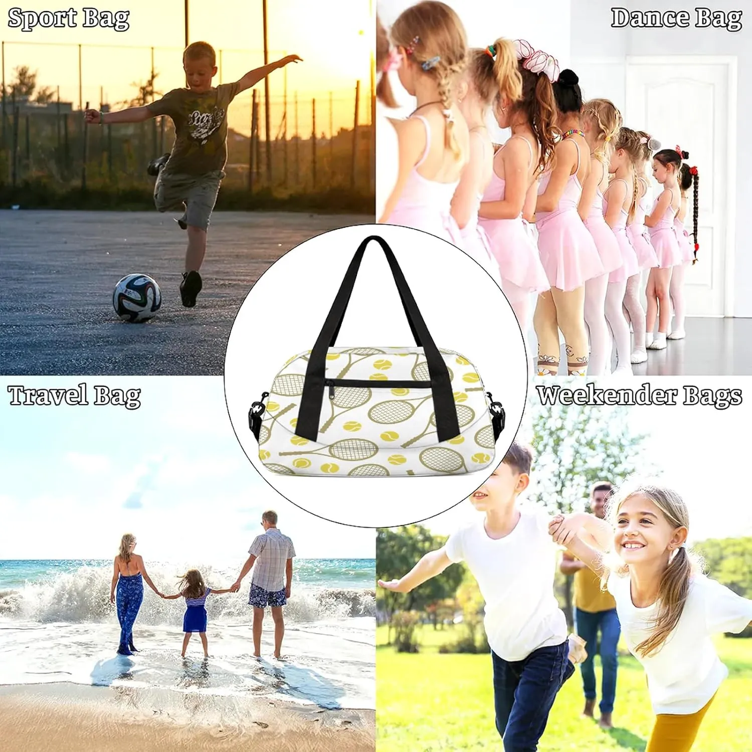 Tennis Pattern Kids Duffel Bag Lightweight Waterproof Sports Gym Bag with Front Zipper Pocket Foldable Weekender Overnight Bag for School Practice Gymnastic Ballet