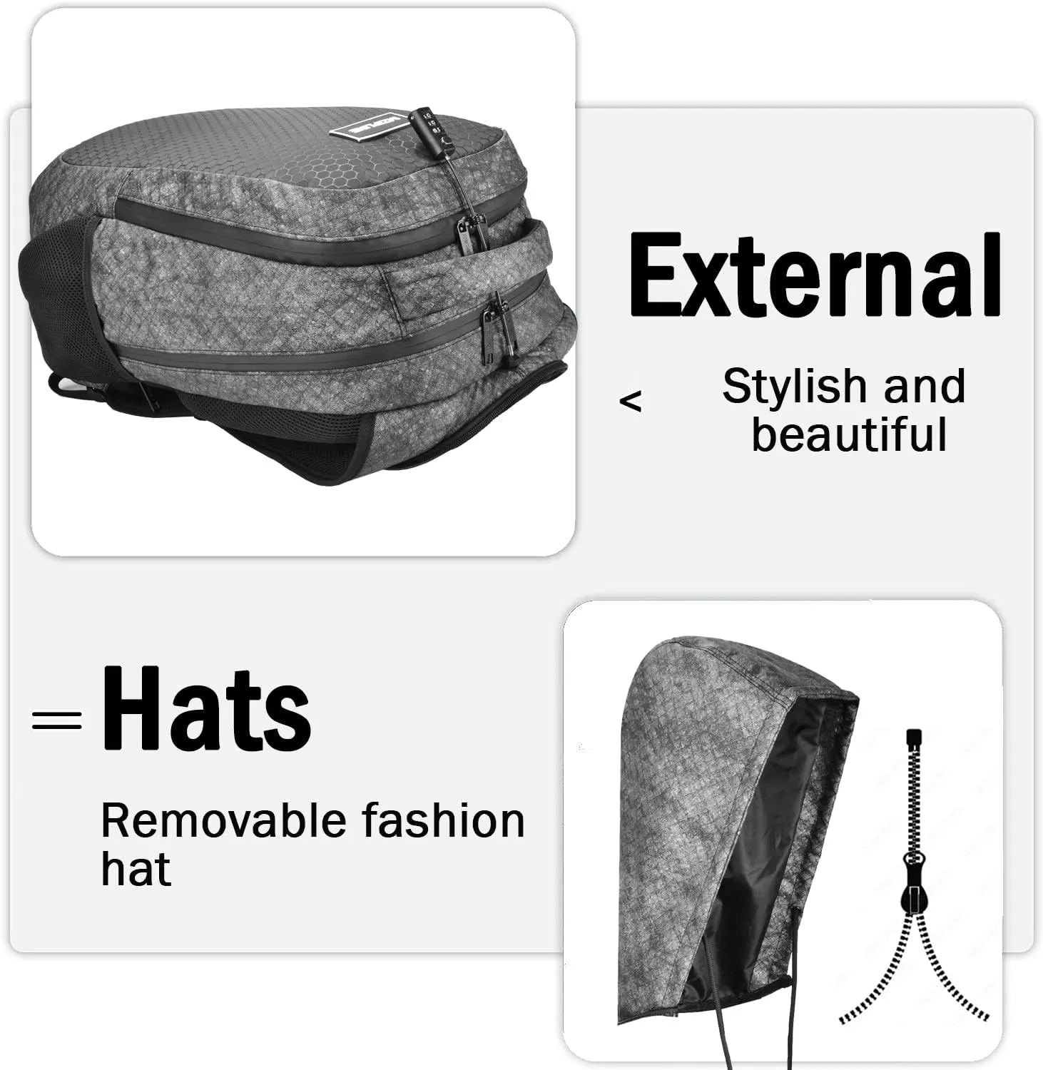 Travel Backpack Bag With Comb Lock & Hoodie-Large Anti Theft Business Laptop Casual Daypack College Travel bags for Men & Women Travel (Camo Grey)