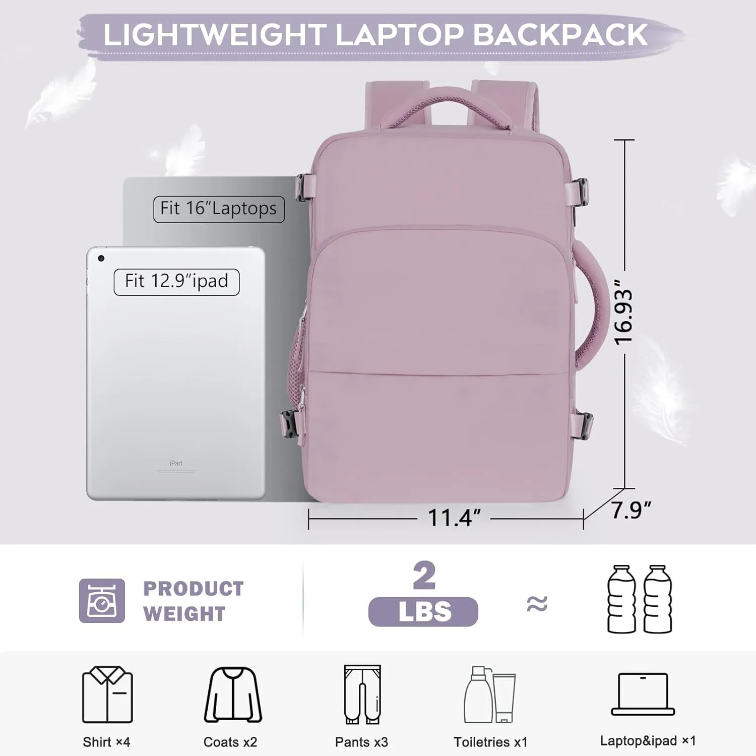 Travel Backpack, Carry On Backpack, Personal Item Bag for Airlines, Lightweight Casual Work College Gym Hiking Daypack Weekender bag, Laptop Backpack, Light Purple