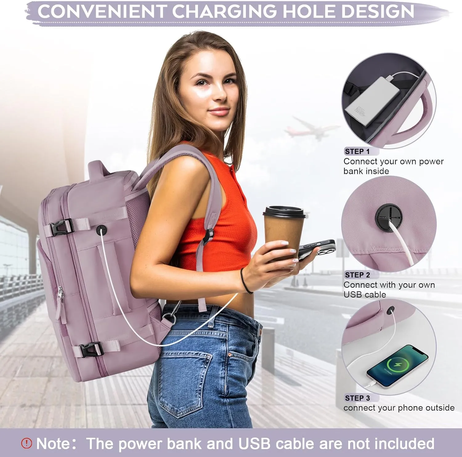 Travel Backpack, Carry On Backpack, Personal Item Bag for Airlines, Lightweight Casual Work College Gym Hiking Daypack Weekender bag, Laptop Backpack, Light Purple