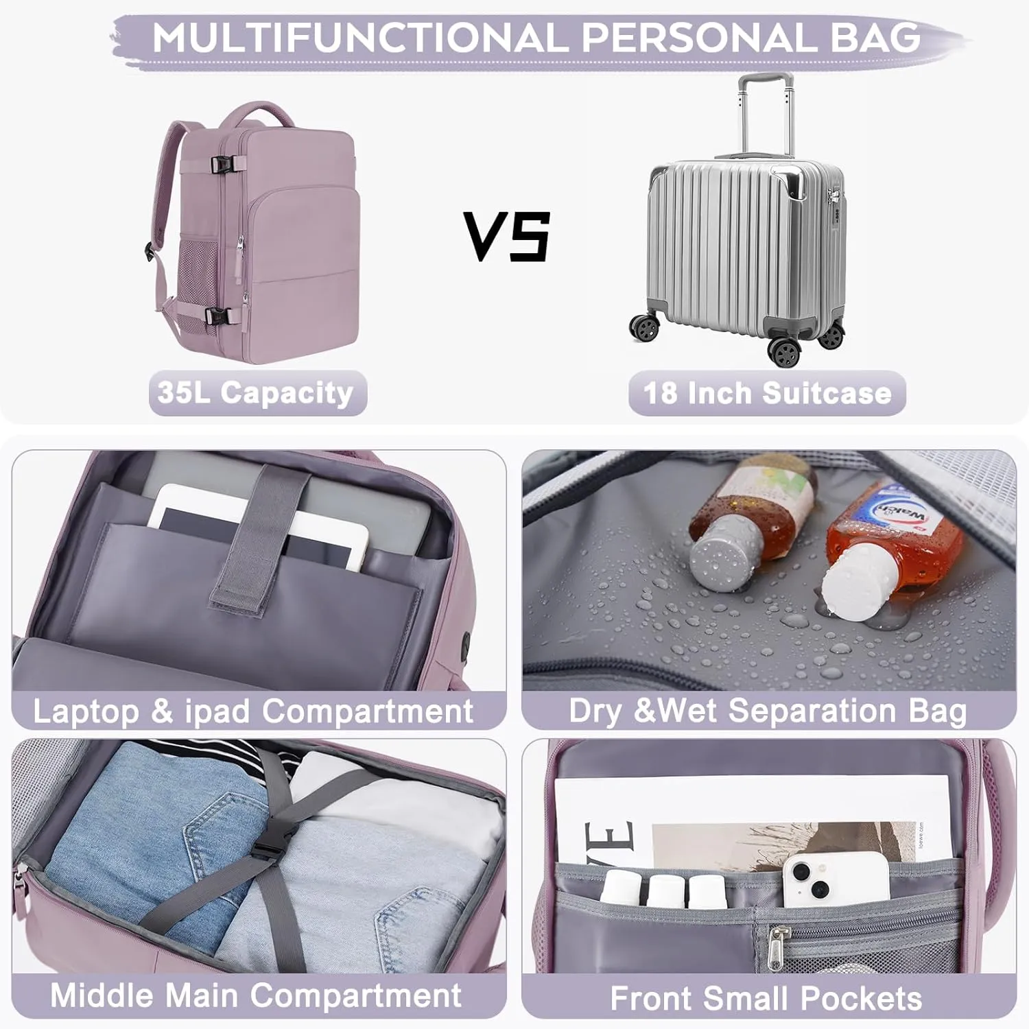 Travel Backpack, Carry On Backpack, Personal Item Bag for Airlines, Lightweight Casual Work College Gym Hiking Daypack Weekender bag, Laptop Backpack, Light Purple