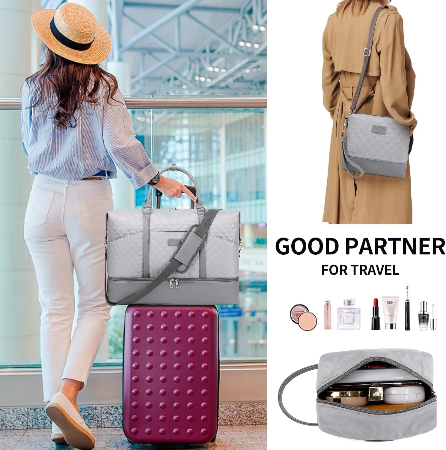 Travel Bag for Women: 21" Large Weekender Bags for Women with Shoe Compartment & Toiletry Bags, 3PCS Overnight Duffel Tote for Carry on Weekend Travel Business Trip Airplane Traveling, Gym