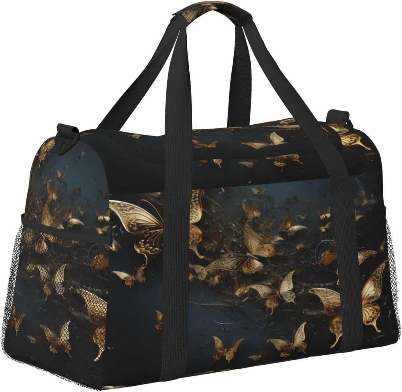 Travel Duffel Bag For Men Women, Gold Butterflies Dark Carry On Sport Gym Bag With Shoulder Strap Lightweight Waterproof Weekender Bag Overnight Bag
