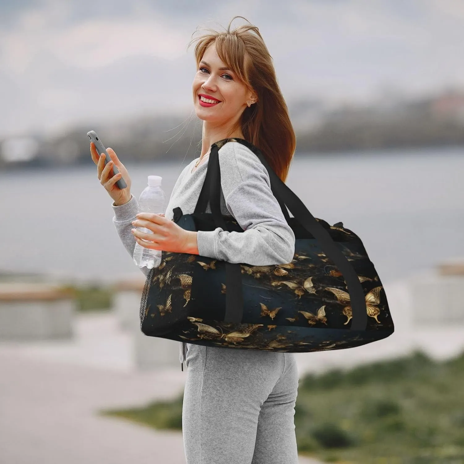 Travel Duffel Bag For Men Women, Gold Butterflies Dark Carry On Sport Gym Bag With Shoulder Strap Lightweight Waterproof Weekender Bag Overnight Bag